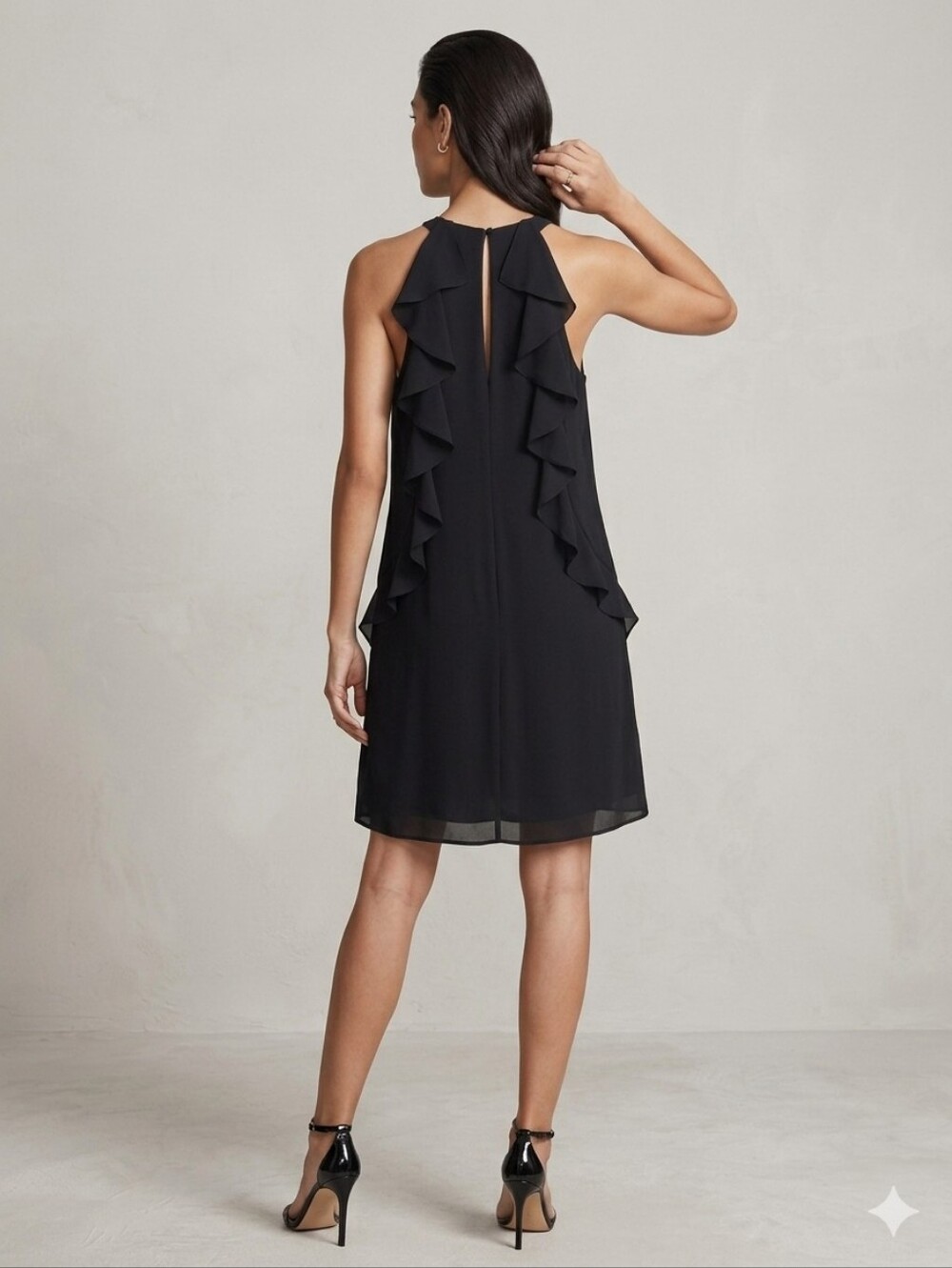 Everly Black Sleeveless Halter Shift Dress With Back Ruffle